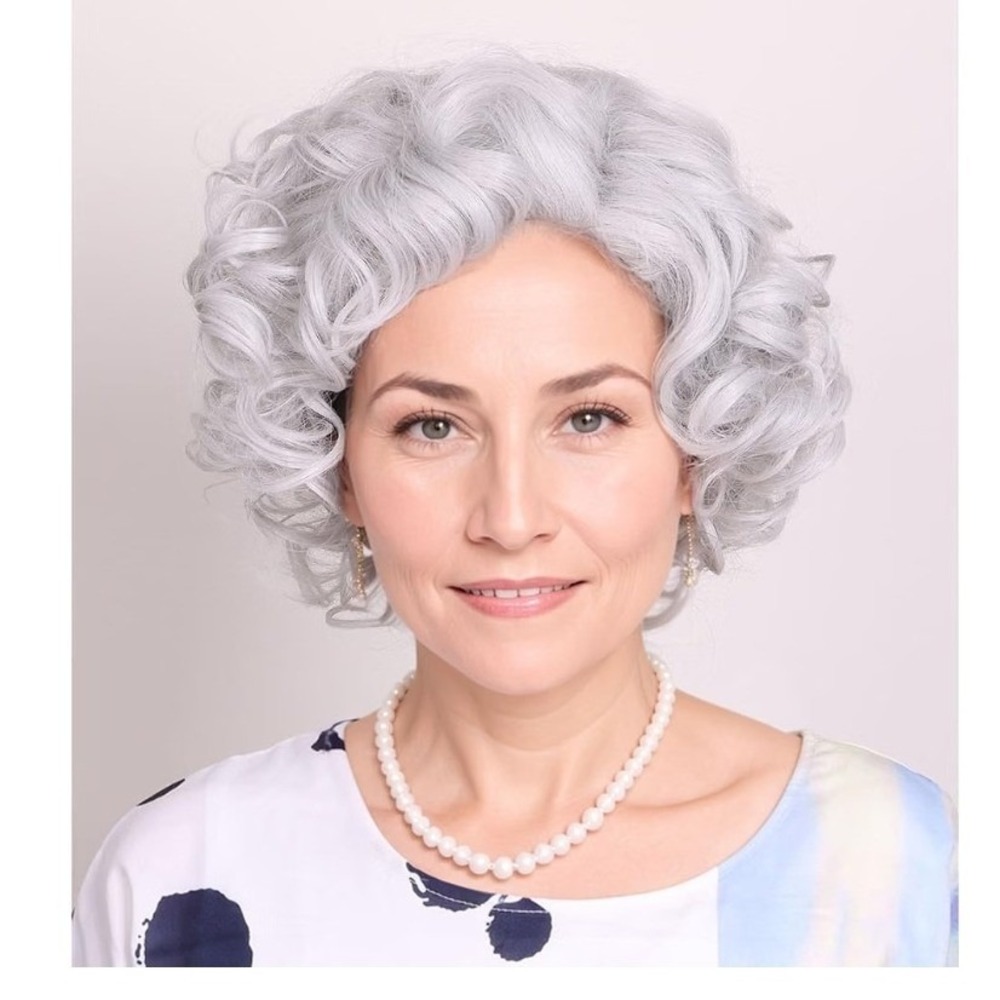 NWT ColorGround Old Lady Granny Silver White Curly Wig 100 Days of School